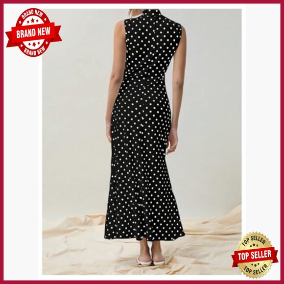 Maxi Tank Dress Polka Dots Mock Neck Sleeveless Bodycon Mermaid Fishtail - Picture 2 of 7